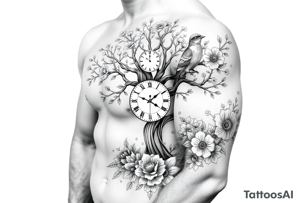 tree of life with clock, flowers,  surrounded by floral ornaments and birds tattoo idea