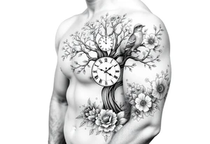 tree of life with clock, flowers,  surrounded by floral ornaments and birds tattoo idea
