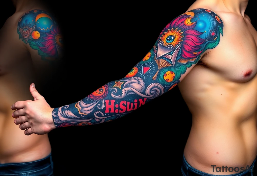 full left arm sleeve dedicated to my son with autism full color giving him the world tattoo idea