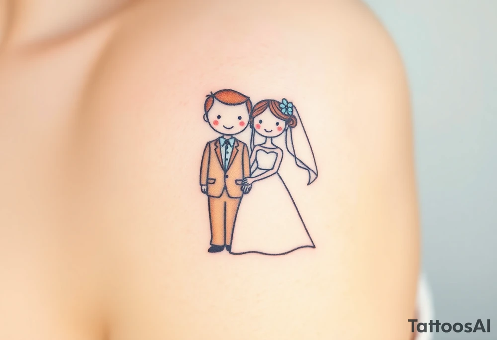 A softly shaded vintage-style illustration of a bride and groom, with sepia tones for an old-world charm tattoo idea