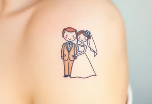 A softly shaded vintage-style illustration of a bride and groom, with sepia tones for an old-world charm tattoo idea