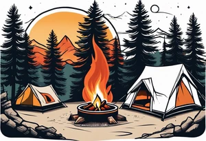 Campground with onr small tent and small fire pit with smoke pillowing out of it. three large pine trees being the focus in the background. tattoo idea