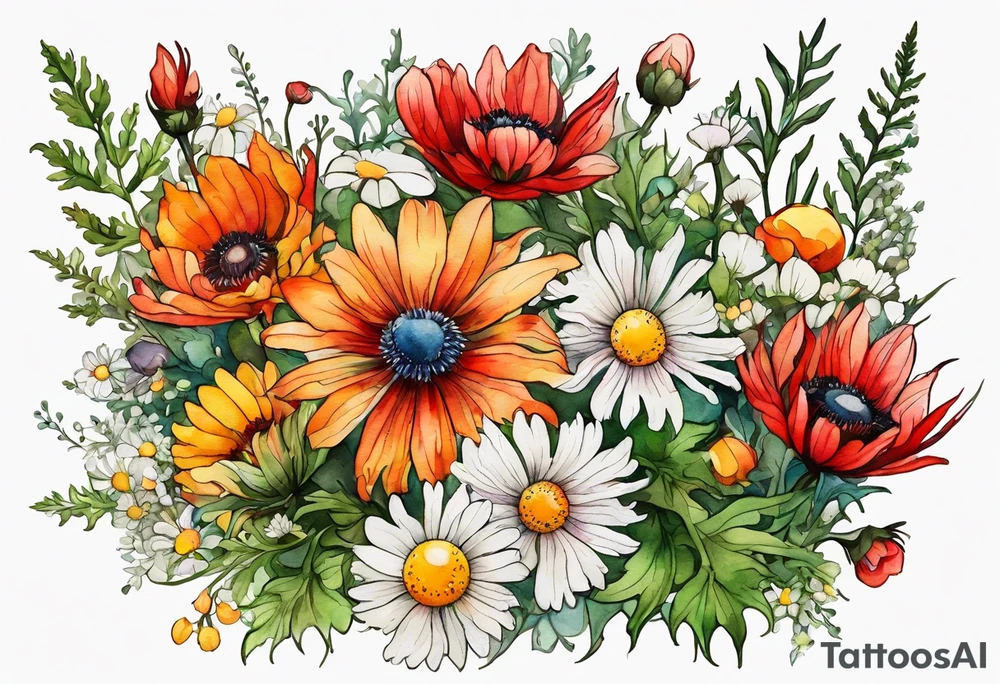 simple wildflowers cascading with thistles, ferns, white anemones, sun flowers, red flowers, green flowers, buttercups, orange flowers, babys breath and daisies all in watercolor tattoo idea