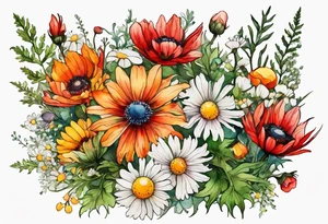 simple wildflowers cascading with thistles, ferns, white anemones, sun flowers, red flowers, green flowers, buttercups, orange flowers, babys breath and daisies all in watercolor tattoo idea