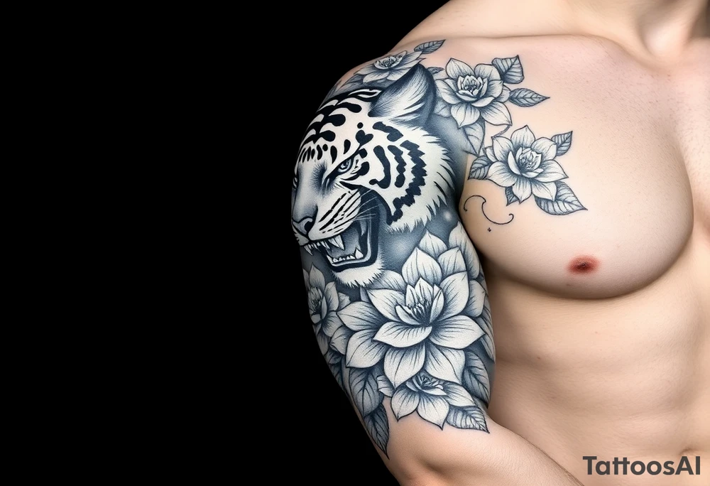 fierce tiger emerging through blooming lotus flowers in mist tattoo idea