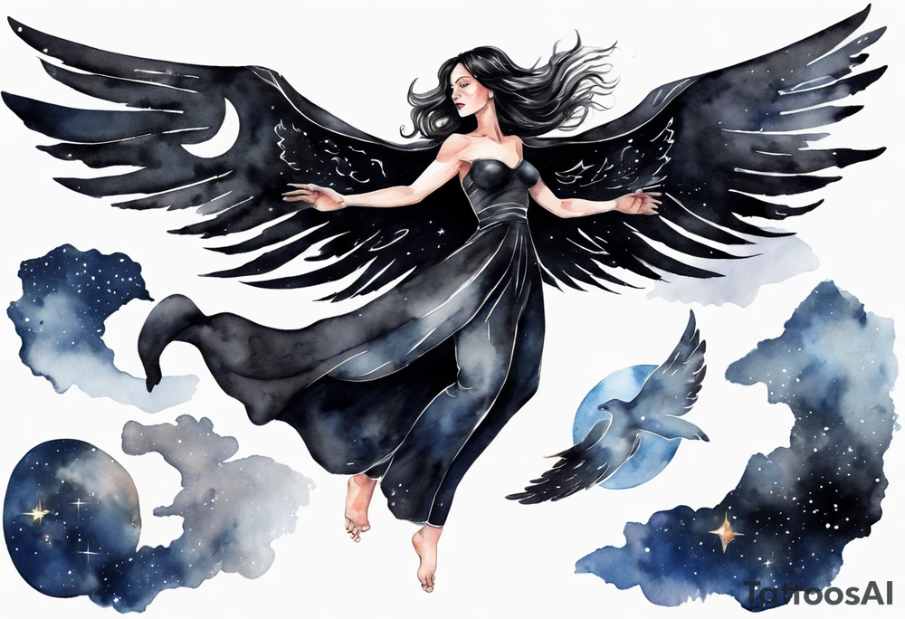 a beautiful 45 year old woman flying in the night sky with black wings, wearing a black cloak and gloves, bare feet tattoo idea