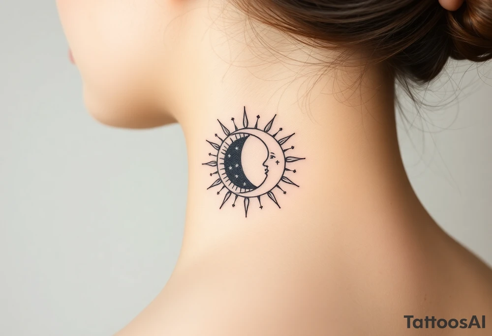 celestial sun and moon embrace with constellation patterns tattoo idea