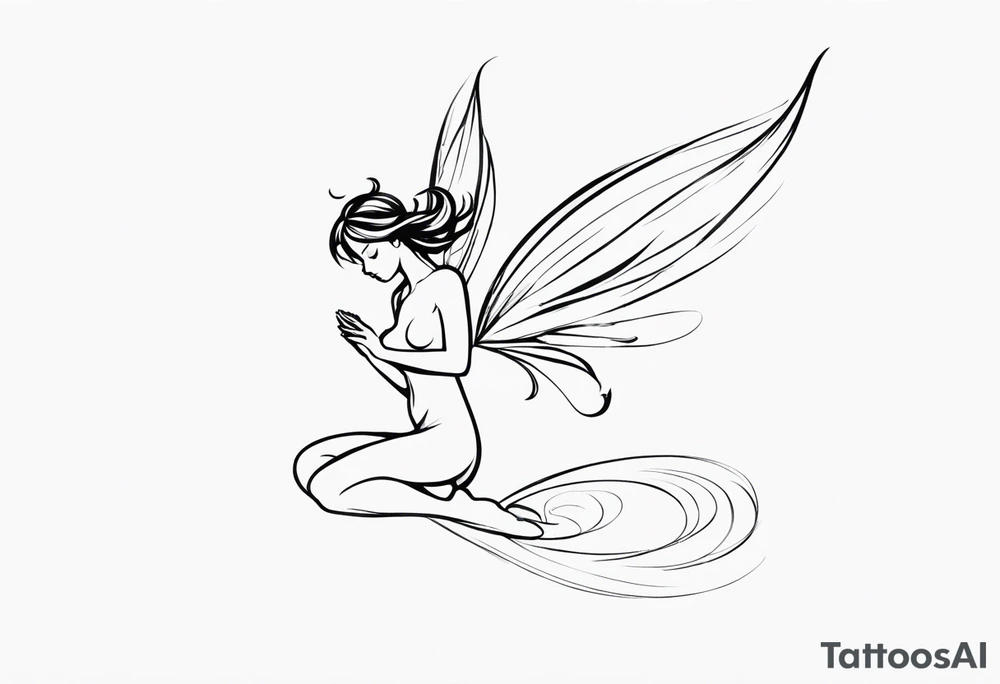 Minimalistic, monochromatic fairy with a tail flying to the left in a fetal position, leaning and looking in the same direction, with visible hands, embodying the 'Fairy Tail' logo aesthetic. tattoo idea