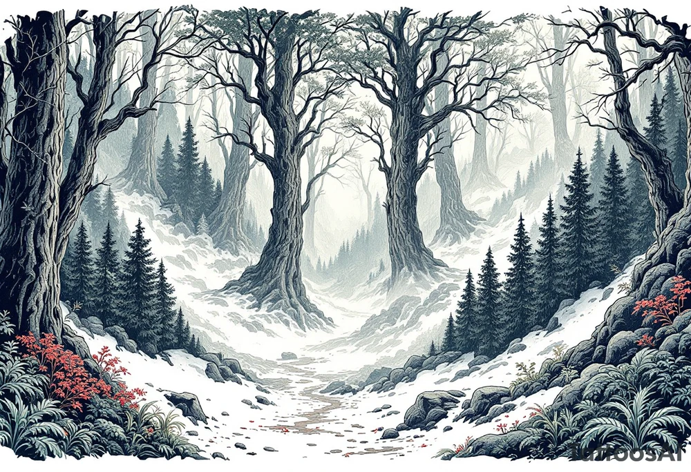 japanese forest background with japanese kanji tattoo idea