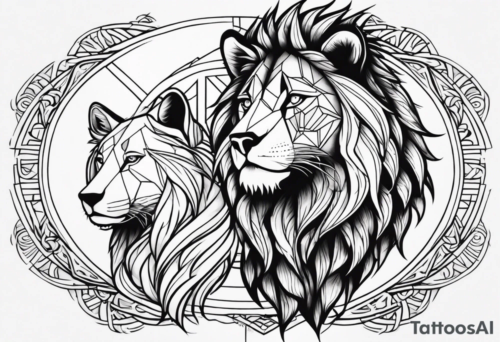 uma leoa, um leao e seus dois filhotes dentro de um retangulo tattoo idea