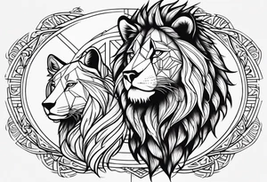 uma leoa, um leao e seus dois filhotes dentro de um retangulo tattoo idea
