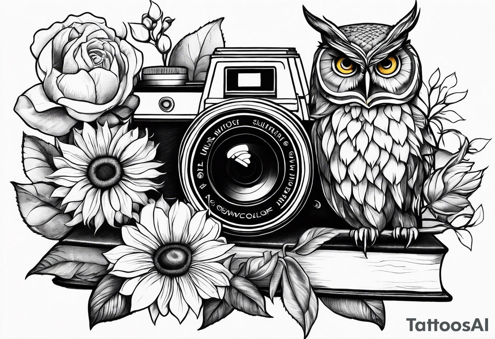 Sunflower, camera, book, owl, flower rose tattoo idea