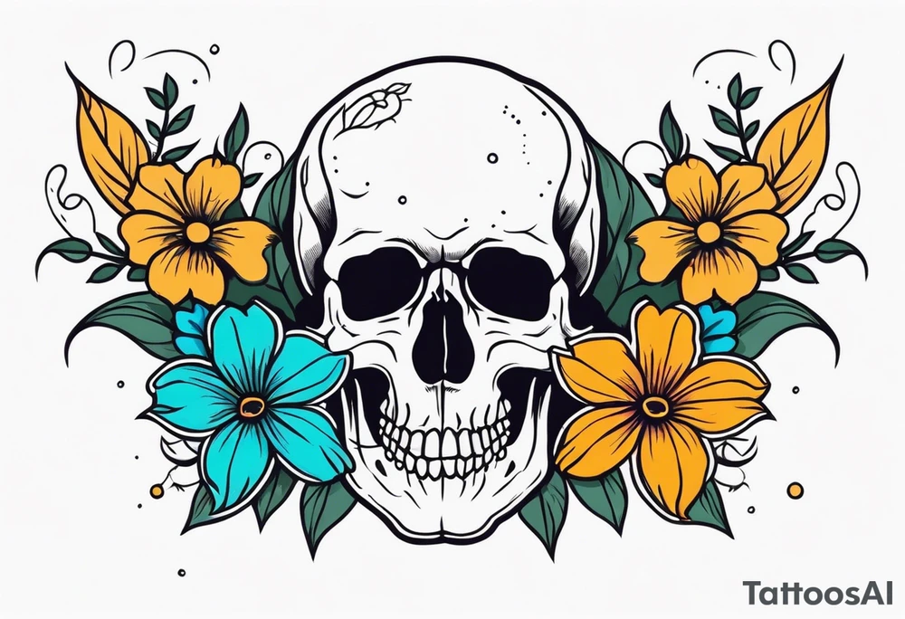 Skull tattoo with a large scorpion and flowers tattoo idea