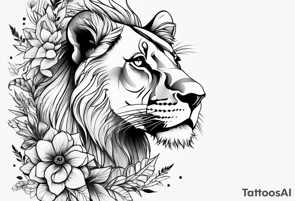 lioness head with with floral head tattoo idea