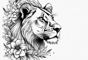 lioness head with with floral head tattoo idea