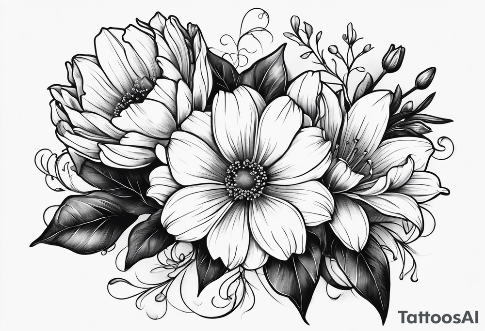 Minimalist Two roses, two daisies, one daffodil, one chrysanthemum, one gladiolus, one lily of the valley tattoo idea