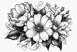 Minimalist Two roses, two daisies, one daffodil, one chrysanthemum, one gladiolus, one lily of the valley tattoo idea