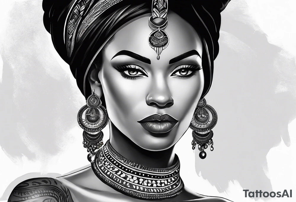 A white woman with dark hair and features. She will be posing sideways portrait style but looking head on. She need to embody a modern queen. She must be wearing 3 African style necklaces and african Earrings. And the outside of the tattoo can fade away with smoke. It’s for my outer shoulder so it’s about 20x7cm tattoo idea