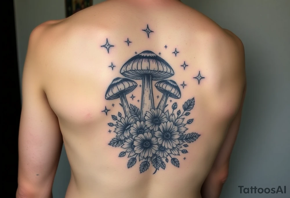 Could you possible make me a cool nature tattoo with mushrooms crystals  flowers mandala boho but colorful and psychedelic too that would wrap from front of hip around side to mid back to cover an existing one I have incorporating the stars I have already and only covering some tattoo idea