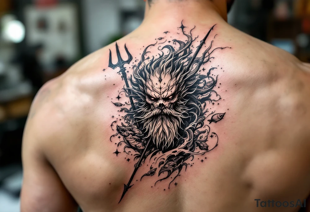 powerful poseidon with trident, surrounded by water and marine life tattoo idea