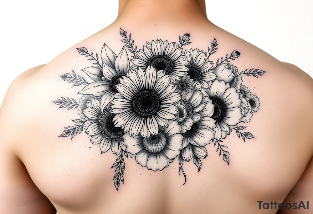 Small watercolour bouquet of wild flowers including Lilly stargazers, sunflowers, poppies and peonies tattoo idea