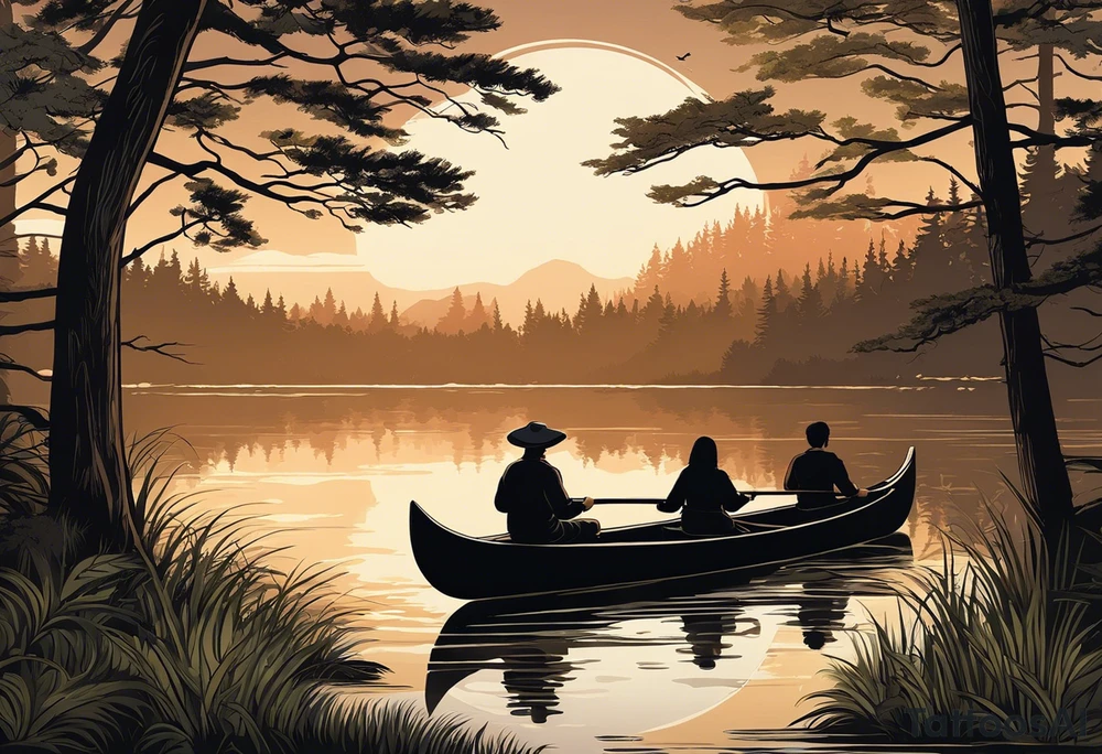 The tattoo design depicts a serene nature scene, framed within a semi-circular border. In the foreground, there are two people sitting in a canoe on a calm lake. They are paddling towards the horizon, with one person sitting at the back of the canoe and the other at the front. The back view of the people suggests a peaceful and contemplative moment shared between them.

In the background, there are majestic mountains with peaks covered in snow, creating a dramatic and picturesque landscape. The mountains are flanked by tall pine trees on either side, adding to the wilderness feel of the scene. Above the mountains, a large sun is either rising or setting, casting a tranquil glow over the entire scene. Birds are flying in the sky, adding to the sense of freedom and natural beauty.

The entire scene is rendered in a minimalist, black and white, line-drawing style, giving it a clean and elegant appearance. The semi-circular frame around the design focuses attention on the central elements and adds a sense of completeness to the image. tattoo idea