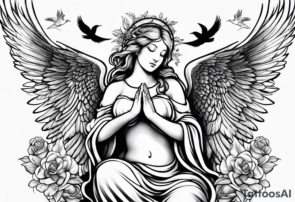 Praying angel with doves full sleeve tattoo idea