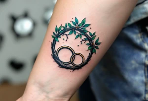 Two matching couples man and women tattoos black tree rings with a splash of green leaves tattoo idea