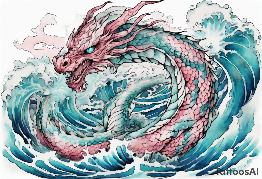 a turquoise and white and pink sea wyrm with beautiful eyes emerging from the blue waves of the ocean tattoo idea