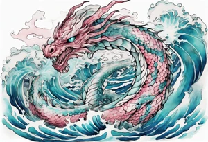 a turquoise and white and pink sea wyrm with beautiful eyes emerging from the blue waves of the ocean tattoo idea