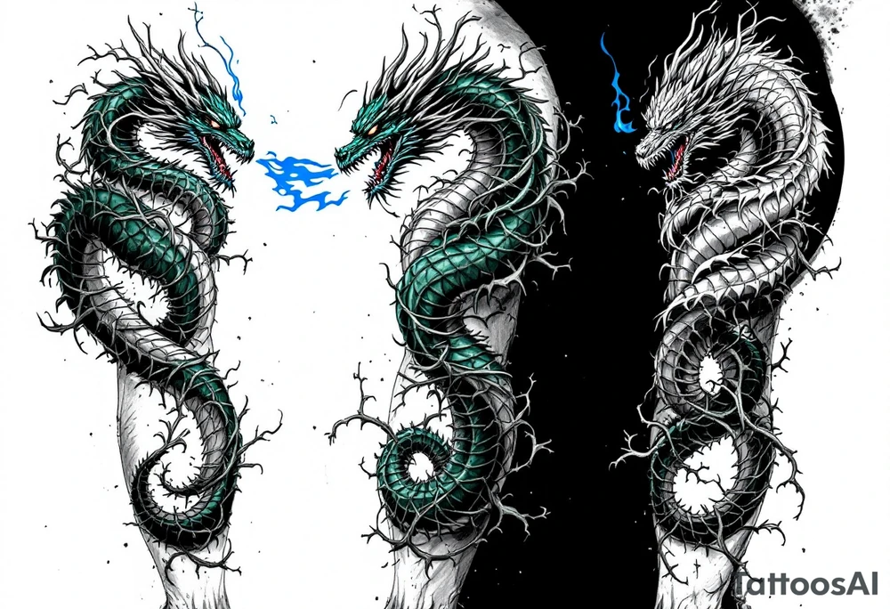 Slavic Dragon (Zmey) – A three-headed serpent-like dragon in shades of dark green and steel, spitting blue flame and wrapped in thorny vines. tattoo idea