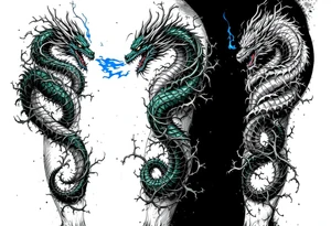 Slavic Dragon (Zmey) – A three-headed serpent-like dragon in shades of dark green and steel, spitting blue flame and wrapped in thorny vines. tattoo idea
