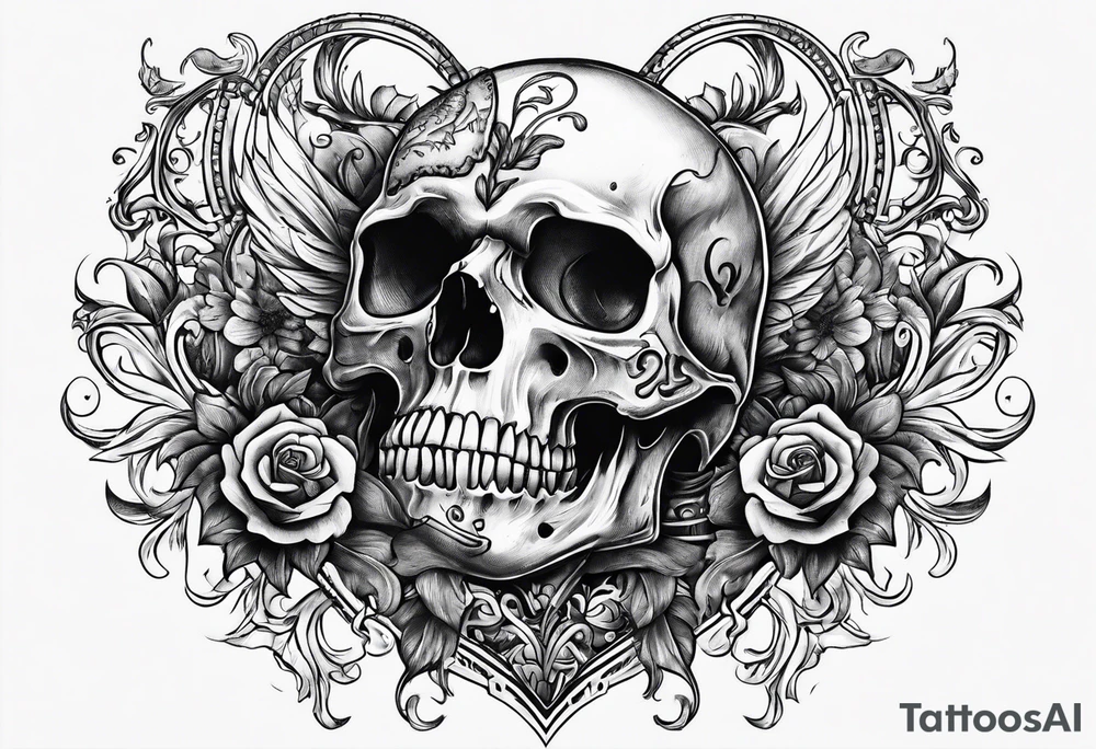 depressed skeleton handing his stabbed heart to someone tattoo idea