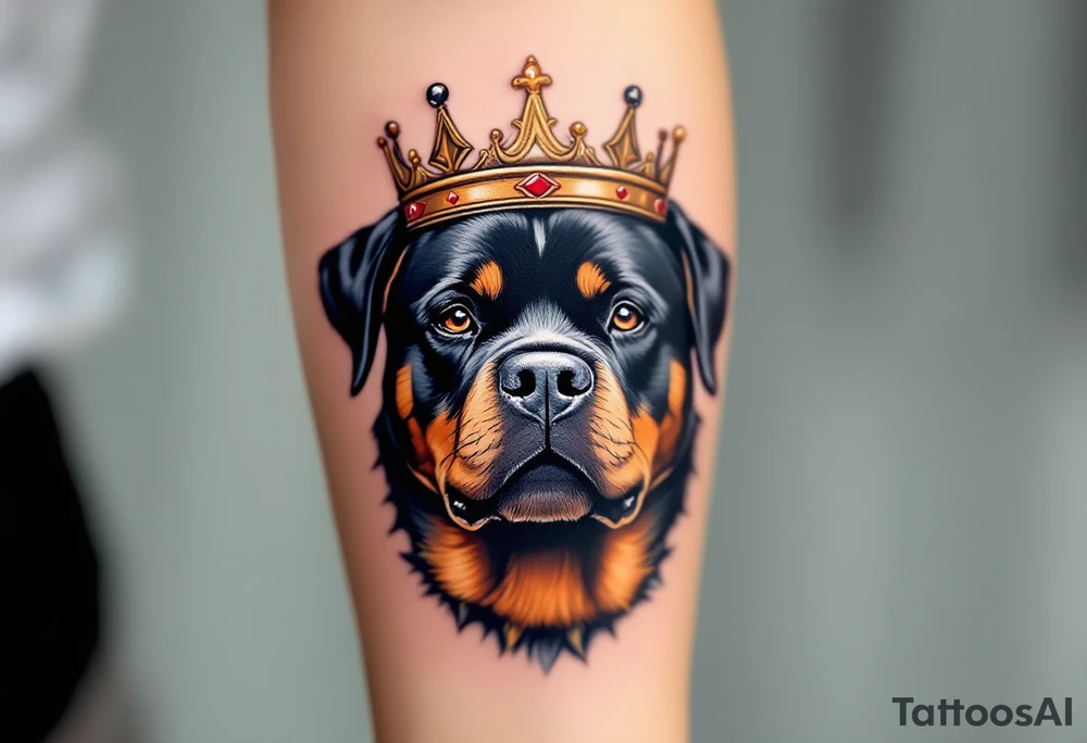 Crowned Rottweiler King – A strong frontal Rottweiler head wearing a royal crown, accented in gold and deep red. The fur is black with golden-brown reflections. tattoo idea