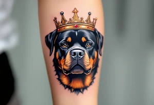 Crowned Rottweiler King – A strong frontal Rottweiler head wearing a royal crown, accented in gold and deep red. The fur is black with golden-brown reflections. tattoo idea