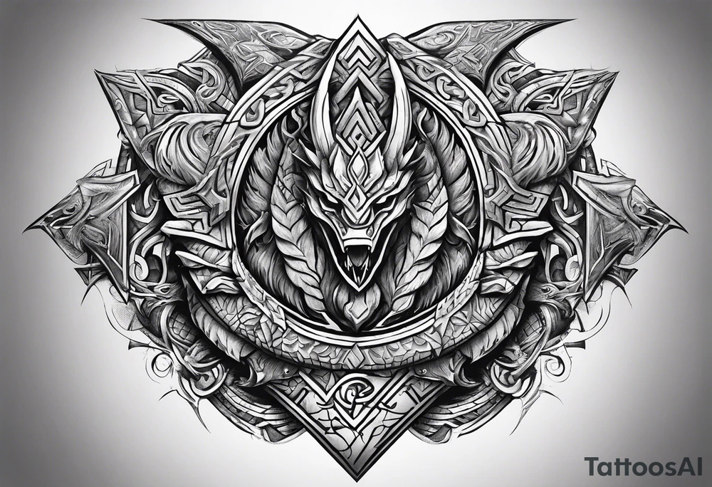 Valhalla sword shield dragon axe Valknut tribal tattoo idea Valhalla sword shield dragon axe Valknut tribal tattoo idea