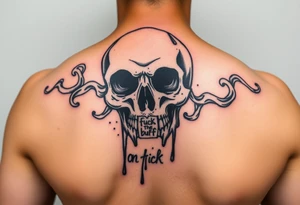 Graffiti type skull with markers dripping ink writing a tag that says on tick behind the skull with smoke that says fuck the buff tattoo idea