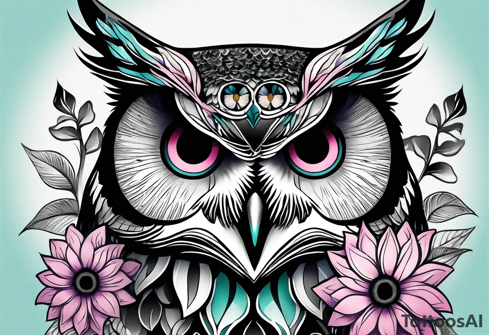 Leg Sleeve with black and white owl that's lightly shaded teal, pink and purple and yellow sunflowers tattoo idea