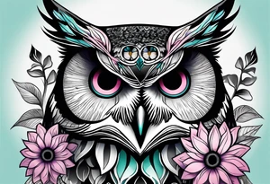 Leg Sleeve with black and white owl that's lightly shaded teal, pink and purple and yellow sunflowers tattoo idea
