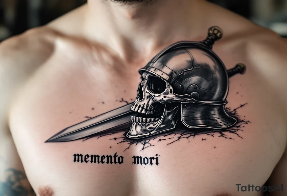 A skeleton knight’s helmet resting beside a sword in metallic silver and black, "memento mori" scrawled in aged ink below. tattoo idea