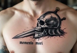 A skeleton knight’s helmet resting beside a sword in metallic silver and black, "memento mori" scrawled in aged ink below. tattoo idea