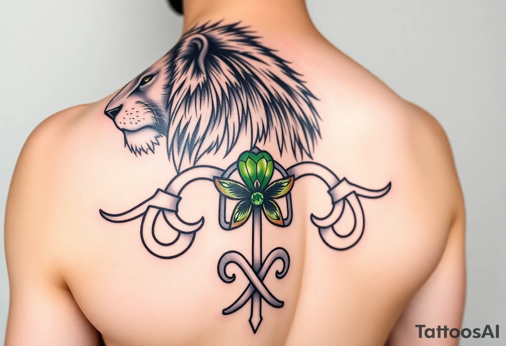 Show on a man's arm. Create a men's half-sleeve tattoo featuring a mighty, majestic lion at the top of the shoulder. Extend the bottom of the lion's mane to create open and shaded Celtic knots that travel down the arm, incorporating a ribbon twist. At the twist, make a Celtic shamrock with green peridot jewel petals and an organic stem. Continue the knots to intersect with a Celtic warrior armband that wraps the arm just above the elbow. tattoo idea