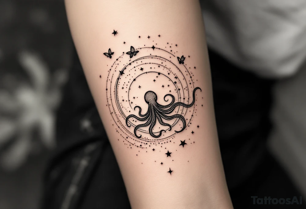 A minimalist dotwork tattoo design in the shape of a spiral galaxy. In the center, a small octopus is subtly integrated into the swirl, with flowing tentacles that extend along the spiral arms. The tentacles transform into elegant, curving lines resembling the flowing tails of koi or betta fish, partially in black ink and partially in fine red lines. Small stars are scattered throughout the galaxy shape, and two delicate butterflies hover near the edges. cosmic abstraction style, dotwork, fine line, with elements of Japanese graphic tattoo flow, minimalist octopus tattoo idea