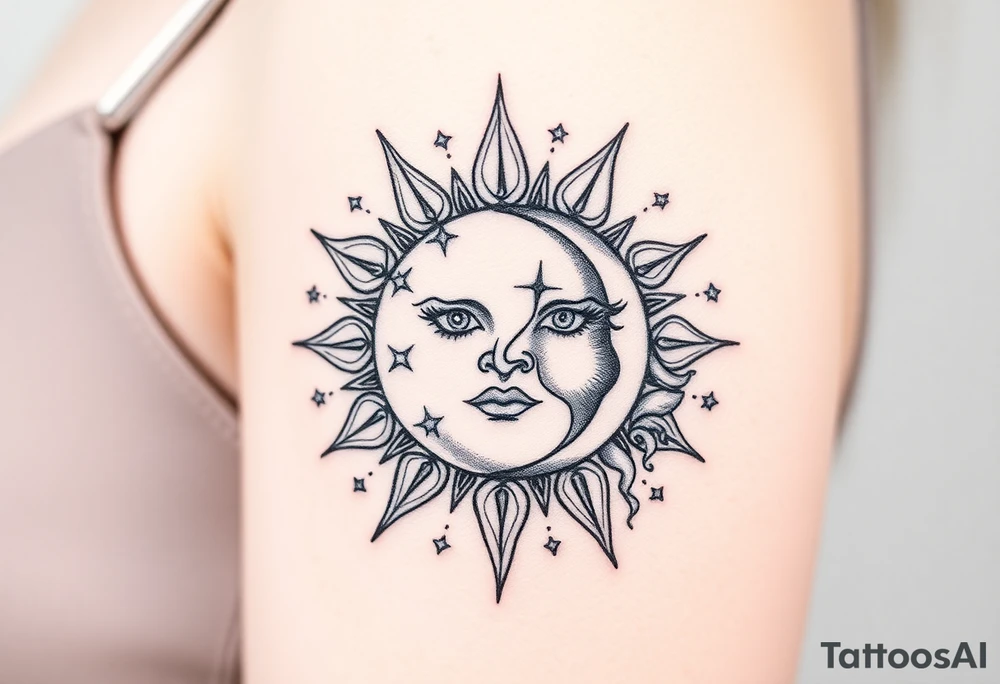 celestial sun and moon embrace with constellation patterns tattoo idea