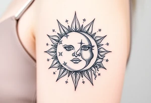 celestial sun and moon embrace with constellation patterns tattoo idea