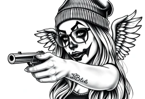 Chicana beautiful long hair clown makeup angel wings thug beanie eyeglasses pointing a gun tattoo idea