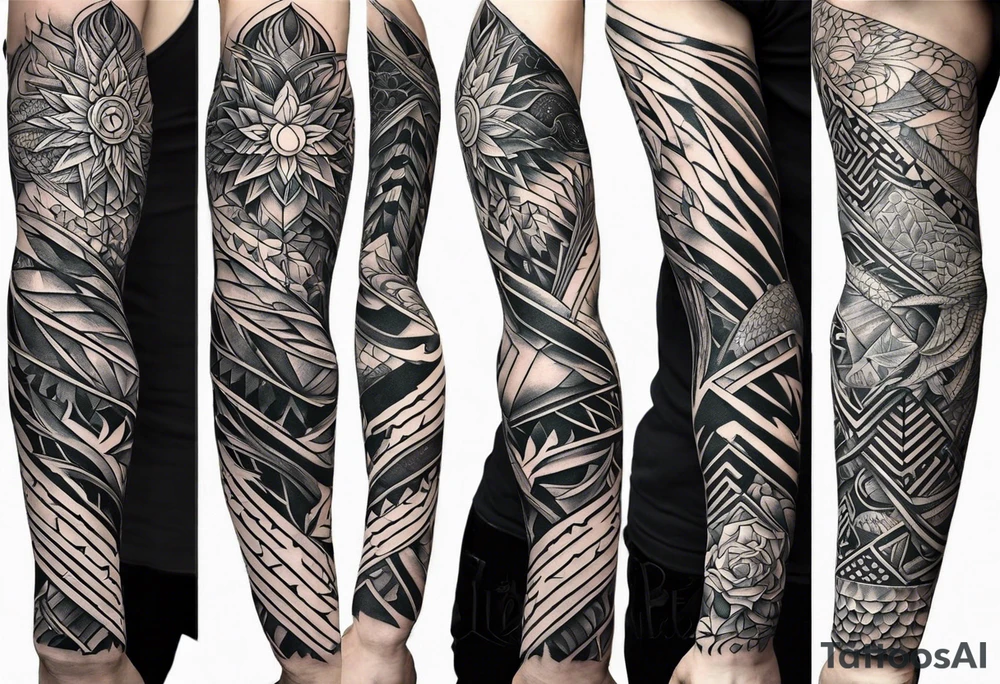 From left shoulder to forearm sleeve tattoo. Fine line geometric, concept design tattoo, ocean thunder fire nature, viking tattoo idea