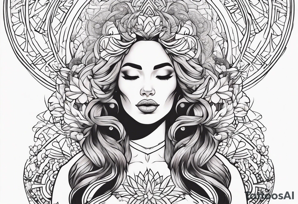 Woman , hands above her head, holding womb of creation tattoo idea
