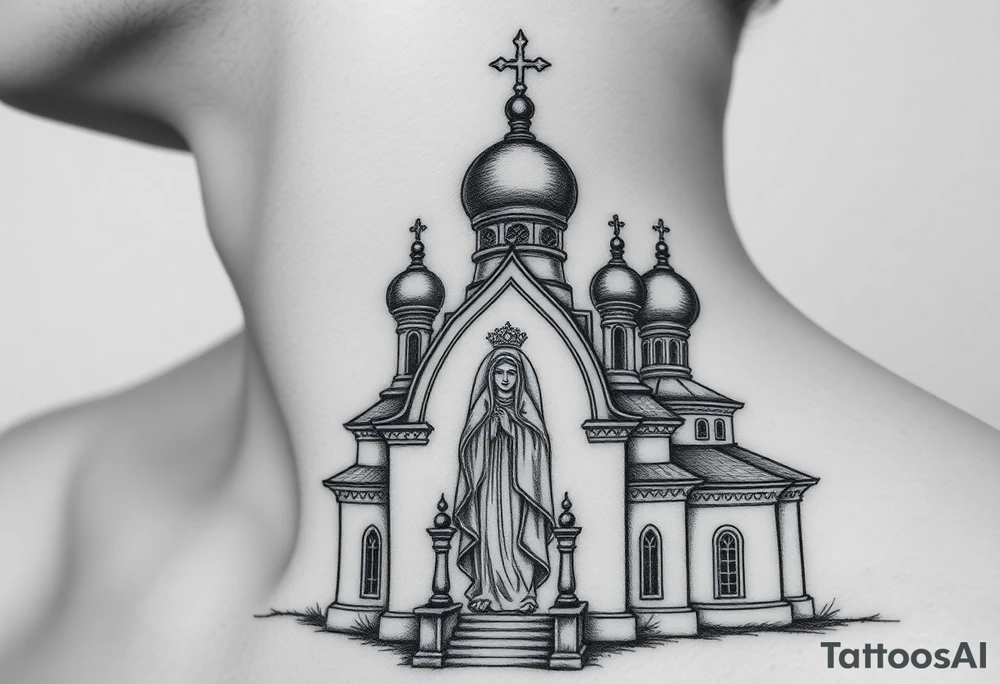 Russian orthodox church with bulb domes with a prominent russian orthodox style virgin mary stood outside to the left russian themed tattoo idea