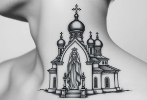 Russian orthodox church with bulb domes with a prominent russian orthodox style virgin mary stood outside to the left russian themed tattoo idea